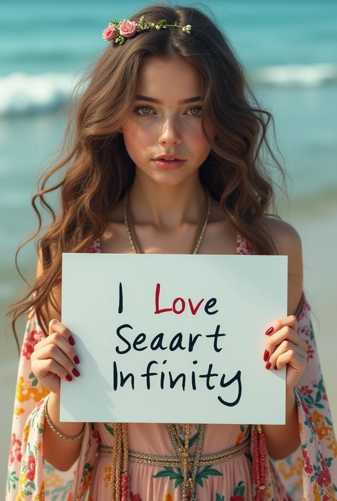 Beautiful girl with wavy long hair, bohemian dress, holding a white board with text "I Love Seaart Infinity" and showing it to the viewer