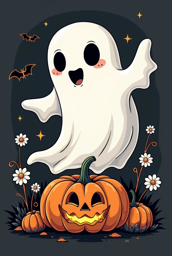I want a good image to put as a WhatsApp screensaver with a ghost in black and white with small pumpkins. It has to be in Cartoon.