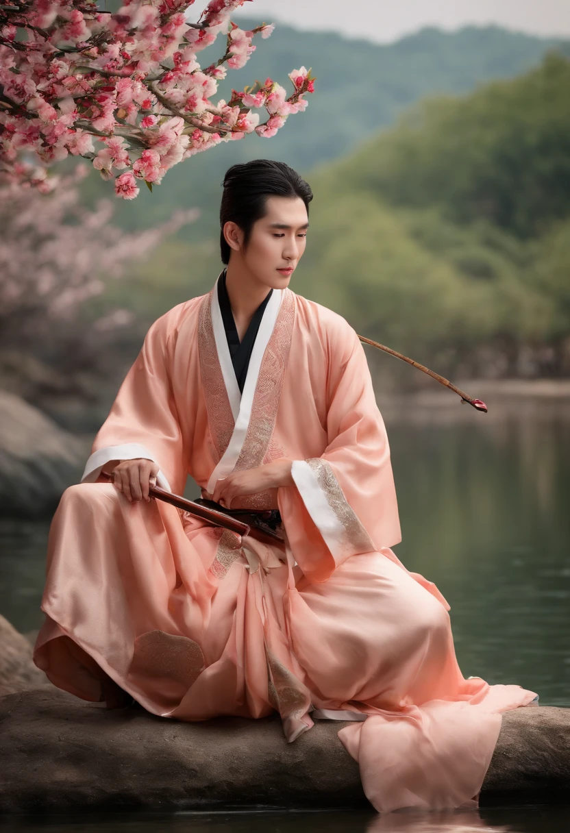 best quality,masterpiece,Ultra-high resolution,(photoactual:4:0),Peach blossom tree,One,hansome,dashing,Immortal temperament,20 year old oriental man,long hair shawl,Red and white long robe,sit on the river bank,Peach blossom tree下,Master the wine gourd in one hand,drink wine,Hold the fishing rod in the other hand,fishing