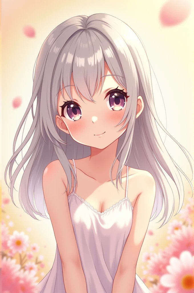 Draw a cute girl with silver hair and small breasts in anime style