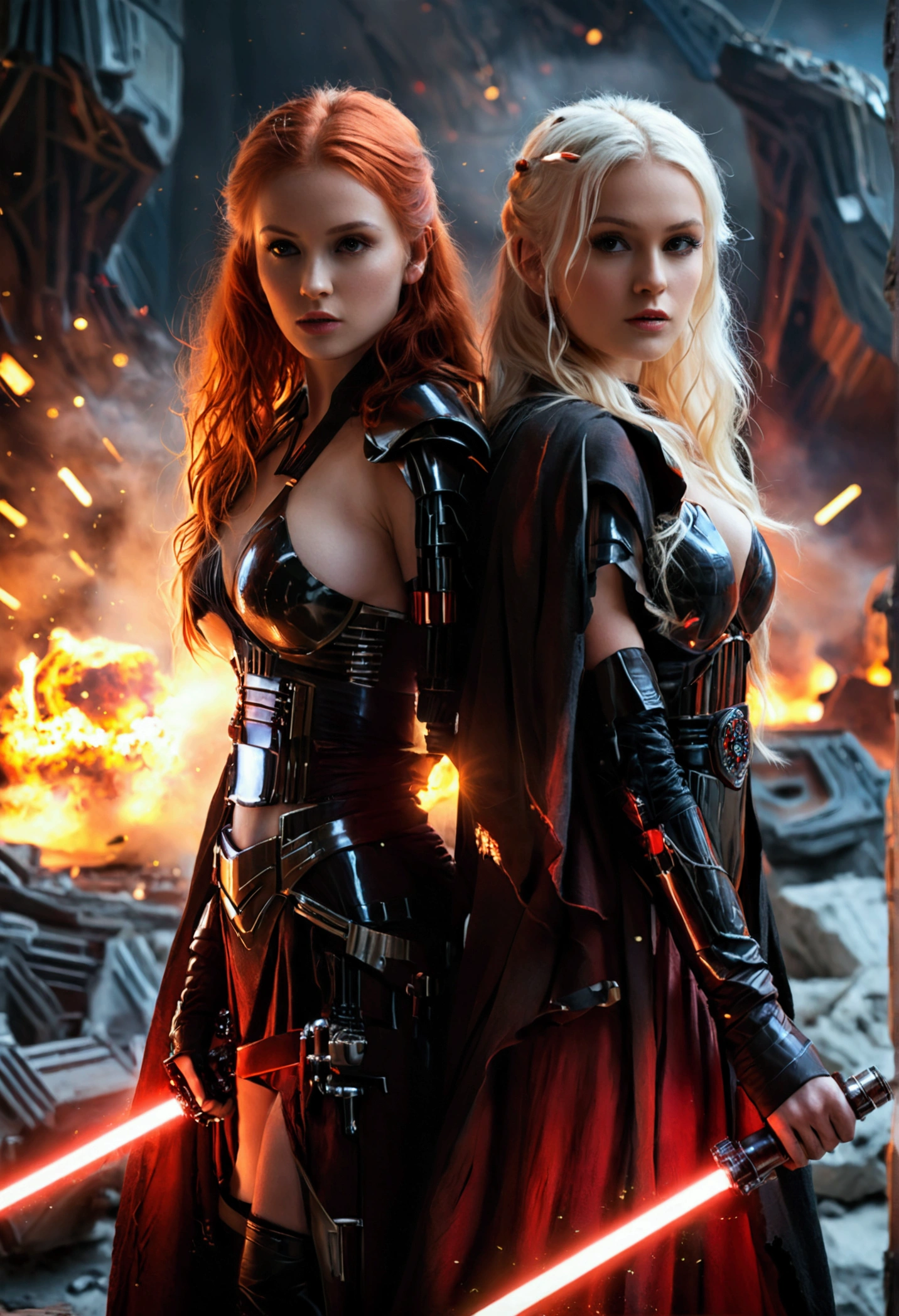 (full body shot:1) photorealistic image of two (standing pose:1) women, ultrarealistic, photography, one with long red hair, woman, 24 years old, hourglass figure, perfect body, seductive look, natural medium breasts, blur background, in complete darkness, she is wearing a sith robe, she is holding a red lightsaber, the lightsaber is the only lightsource, on a dark destroyed spacestation, explosion in the background, long sexy legs, the other girl has platinum blonde long hair, 30 years old, curvy figure, she is wearing a sith robe and is holding a red lightsaber, natural big breasts, dynamic shot, action shot