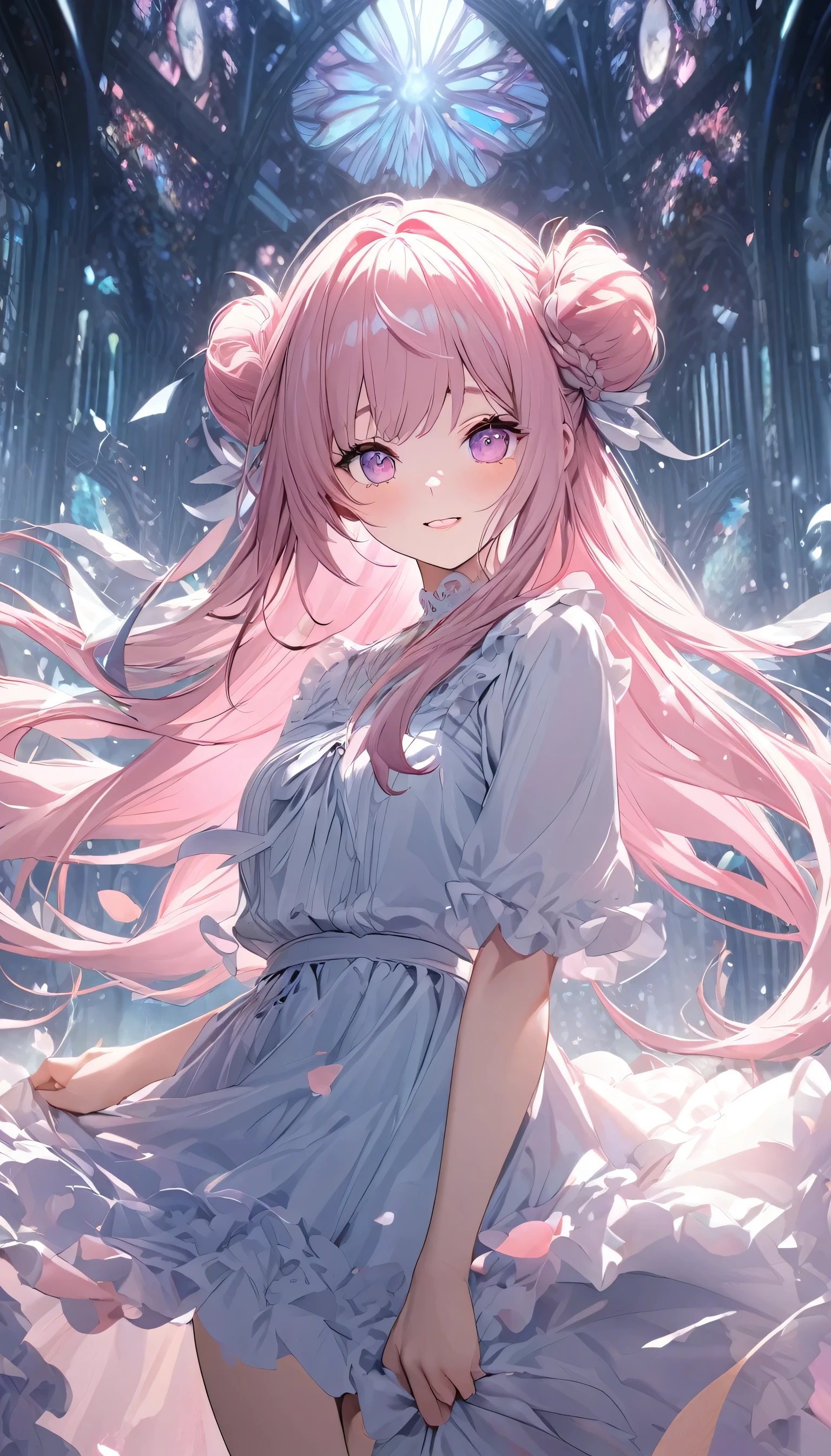 Cute beautiful woman、(Hair Ribbon:0.4), Pink Eyes,(((White bun hair))),(((Pink long hair)))、smile、Shy、Light makeup、Great proportions、Gentle background color scheme、Fluffy calming effect、Shading Effects、Gradient Magic Effect、（Super detailed、Absolute Resolution、Highest quality：1.3）、2.5D、delicate and dynamic、Artistic photography、Hyperrealistic、Graphic CG Digital Art