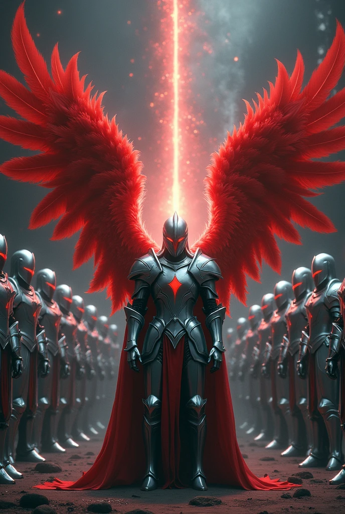 12 Angelic knights with silver-colored faceless knight armor and one of them with red General feathers with a dark aura of power and (Diamond Wings lit on fire)