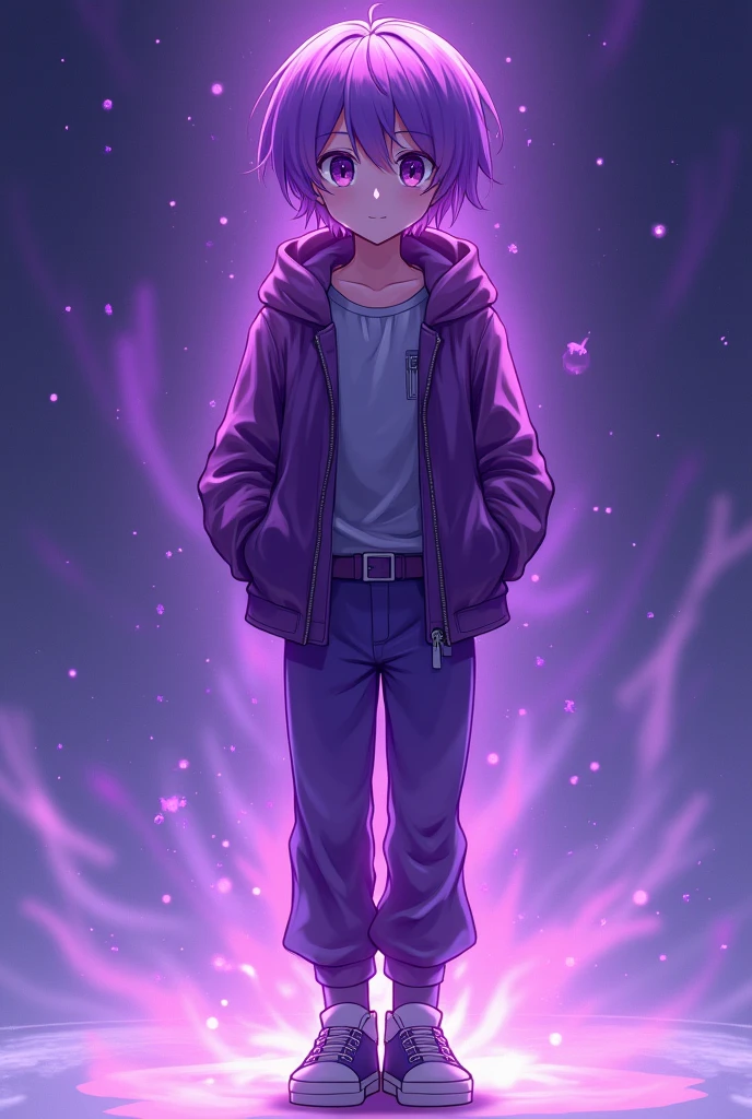 ((high definition, lighting)), ultra-detalied, 1male, solo, thin build, 190 cm tall, full body focus, violet hair, violet pupils, violet a jacket, violet pants with violet belt, violet socks, violet shoes, violet aura with violet small stars near, thick violet eyelashes, violet eyebrow, violet bristle, looks at the viewer, calm look, high detail anatomy, high quality image, calm stance with hands in pocket, detailed body, high-quality image, high-quality details, short hair, ((anime style)), masterpiece, best quality, highres, super detail, accurate, high details, 4K, UHD, hyper-detailed eyes,