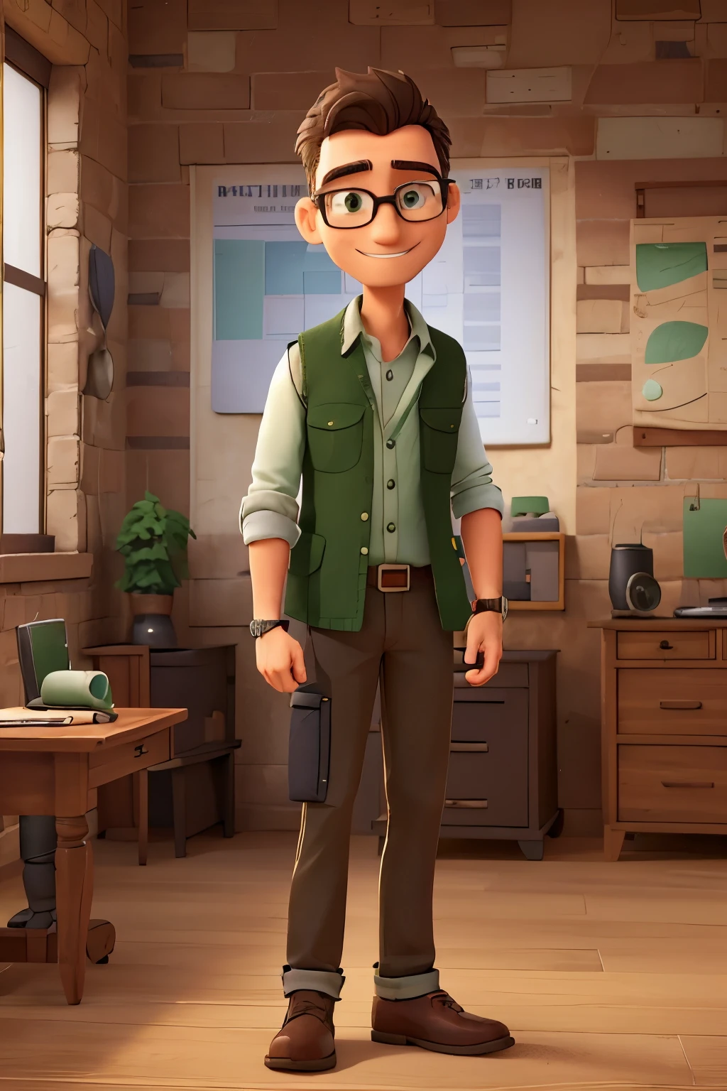 one men, 25-30 years, casual clothes but with a touch of professionalism, green button down shirt, twill jeans, explorer vest, modern style prescription glasses, a pocket magnifying glass, attentive and interested look, with a friendly and confident smile, upright and engaged posture, waving goodbye with the right hand, holding a map in his left hand
