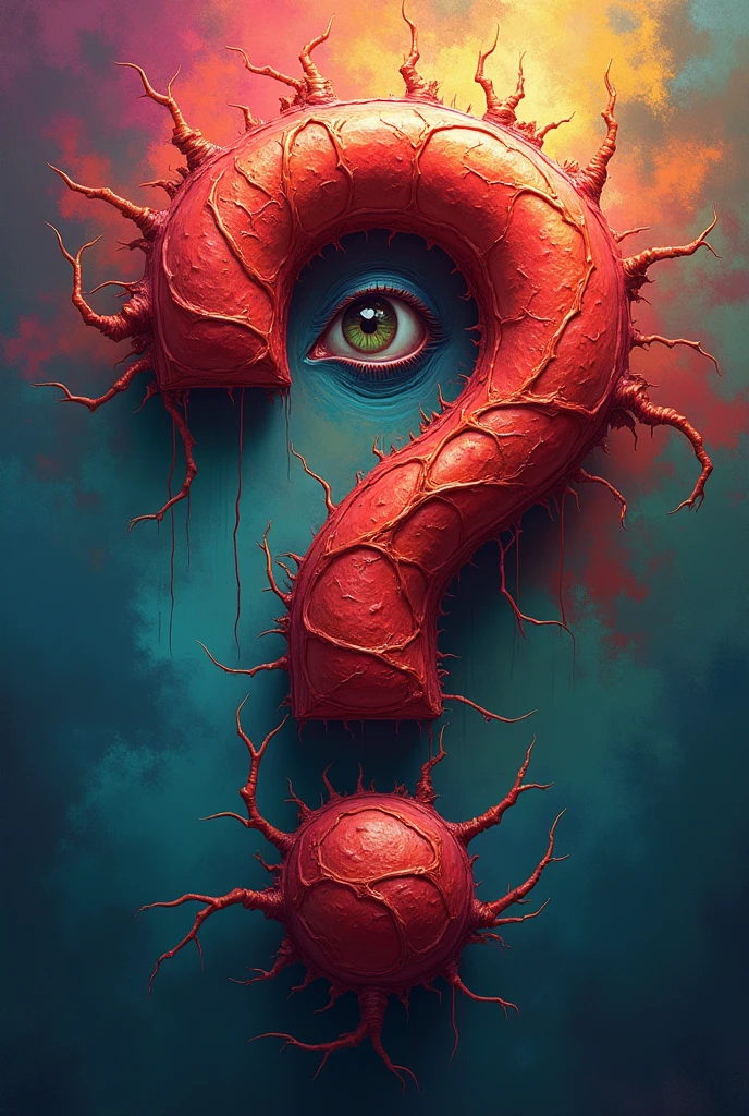A question mark made out of human flesh and has one human eye, solid background of many colours exploding
Less creepy