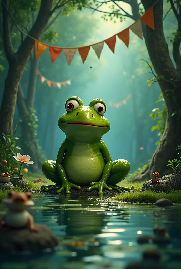 Create a scene in the swamp, with stage, flags, and many frogs and a fat frog