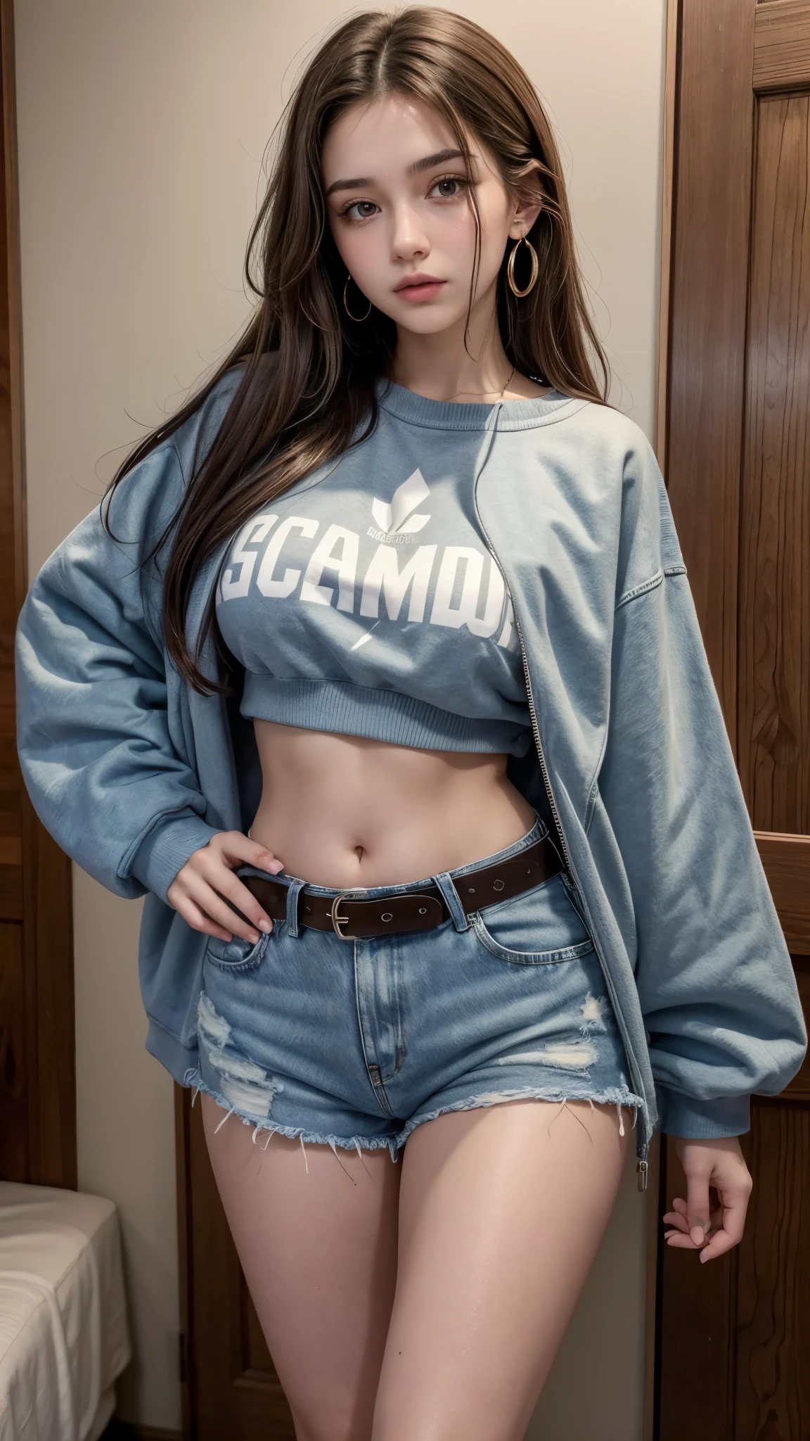 Beautiful 18 year old brunette girl with big earrings and wearing a sweatshirt and high waisted denim shorts with a belt showing her belly button in a T shape with thick legs