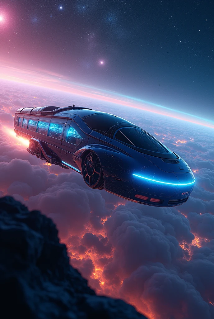 a futuristic high-speed train, glowing energy core, sleek aerodynamic design, hovering above ground, neon lights, metallic textures, cosmic landscape, nebulae, stars, dynamic motion blur, cinematic composition, dramatic lighting, vibrant colors, hyper-realistic, 8k, intricate details, concept art