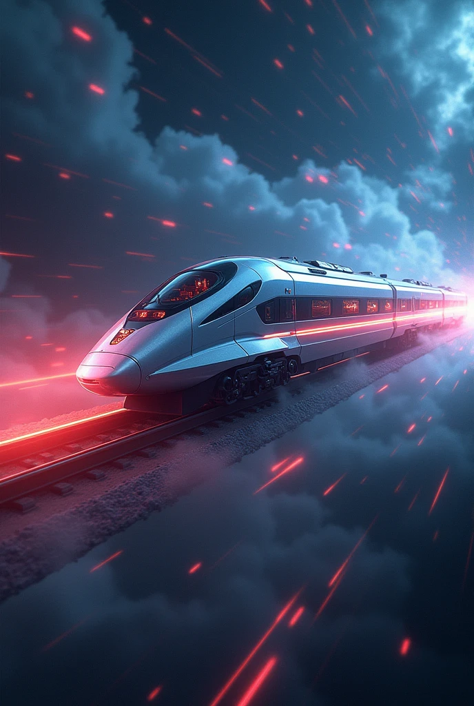 a futuristic high-speed train, glowing energy core, sleek aerodynamic design, hovering above ground, neon lights, metallic textures, cosmic landscape, nebulae, stars, dynamic motion blur, cinematic composition, dramatic lighting, vibrant colors, hyper-realistic, 8k, intricate details, concept art