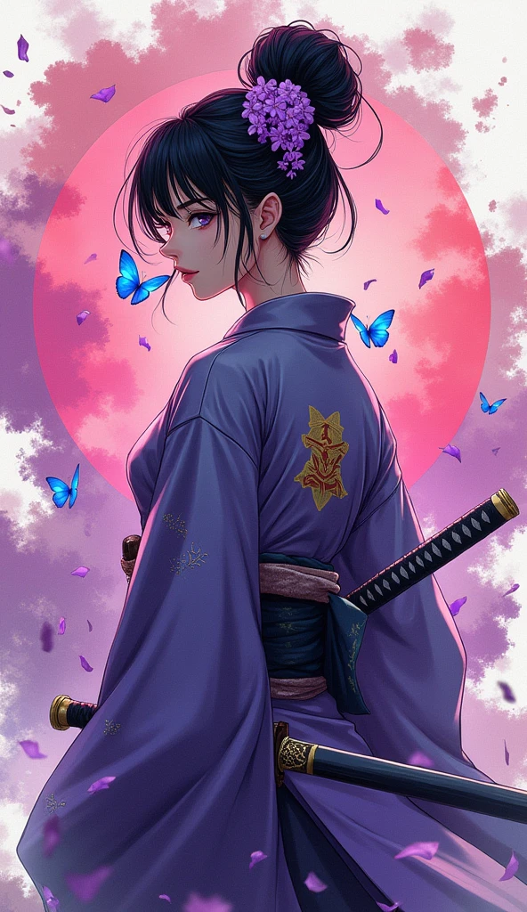 Create a vibrant portrait of a modern samurai woman with an anime-inspired aesthetic. She stands in profile, her gaze intense and focused. Her long black hair is styled in a high bun adorned with purple wisteria flowers, loose strands framing her face.She wears a sleek, stylized kimono in shades of deep purple and gray, adorned with intricate patterns and a bold emblem on the back. A katana rests at her hip, its hilt visible.The background explodes with color: swirling pink and purple clouds, petals, and paint splatters create a dreamlike atmosphere. Vibrant blue butterflies flutter around her, symbolizing transformation and grace.Incorporate elements of traditional Japanese art with contemporary urban style. Use a color palette dominated by purples, pinks, and blues, with touches of gold for accents.Convey a sense of strength, elegance, and mystique in her posture and expression. Blend the serene and the dynamic, the traditional and the modern, in this captivating warrior portrait.