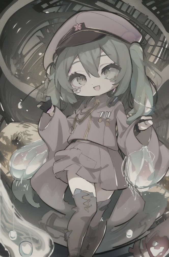 masterpiece, absurdres, uhd, 8k, 16k, best quality, 1girl, senbon-zakura_(vocaloid), looking at viewer, open mouth, thigh gap, thin, detailed sleeves, smile, scenery, ink, mountains, water, trees, chibi style, chibi anime artstyle, super chibi