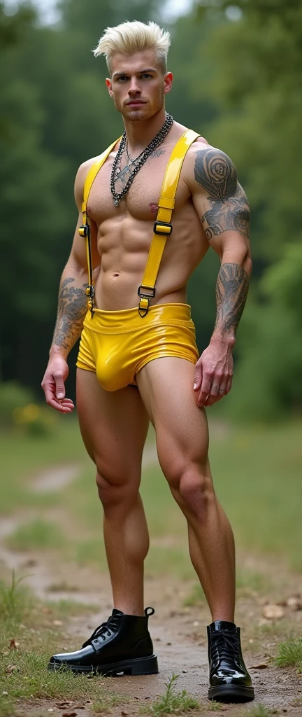 Fullbody standing picture of white skin Handsome muscular horny nude sexy gay boy wearing sexy shiny yellow latex harness, shiny black Disconnected Pompadour oiled hair style, blue eyes, shiny black varnished vinyl shoes, red lip, chain, tattoos, horny, cum shot, sperm, milking penis, very big penis, very big testicle, shiny oiled skin, orgasm, oversexed, standing at outdoor.