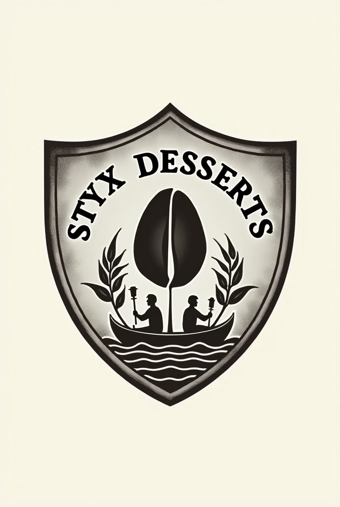 Minimalist coffee shop logo shaped like a royal shield inside a silver coin,  with a coffee bean that simulates the sun, branches of wheat and two boatmen in their canoes with lamps in their hands looking ahead, that says Styx desserts in black and worn letters around the edge 