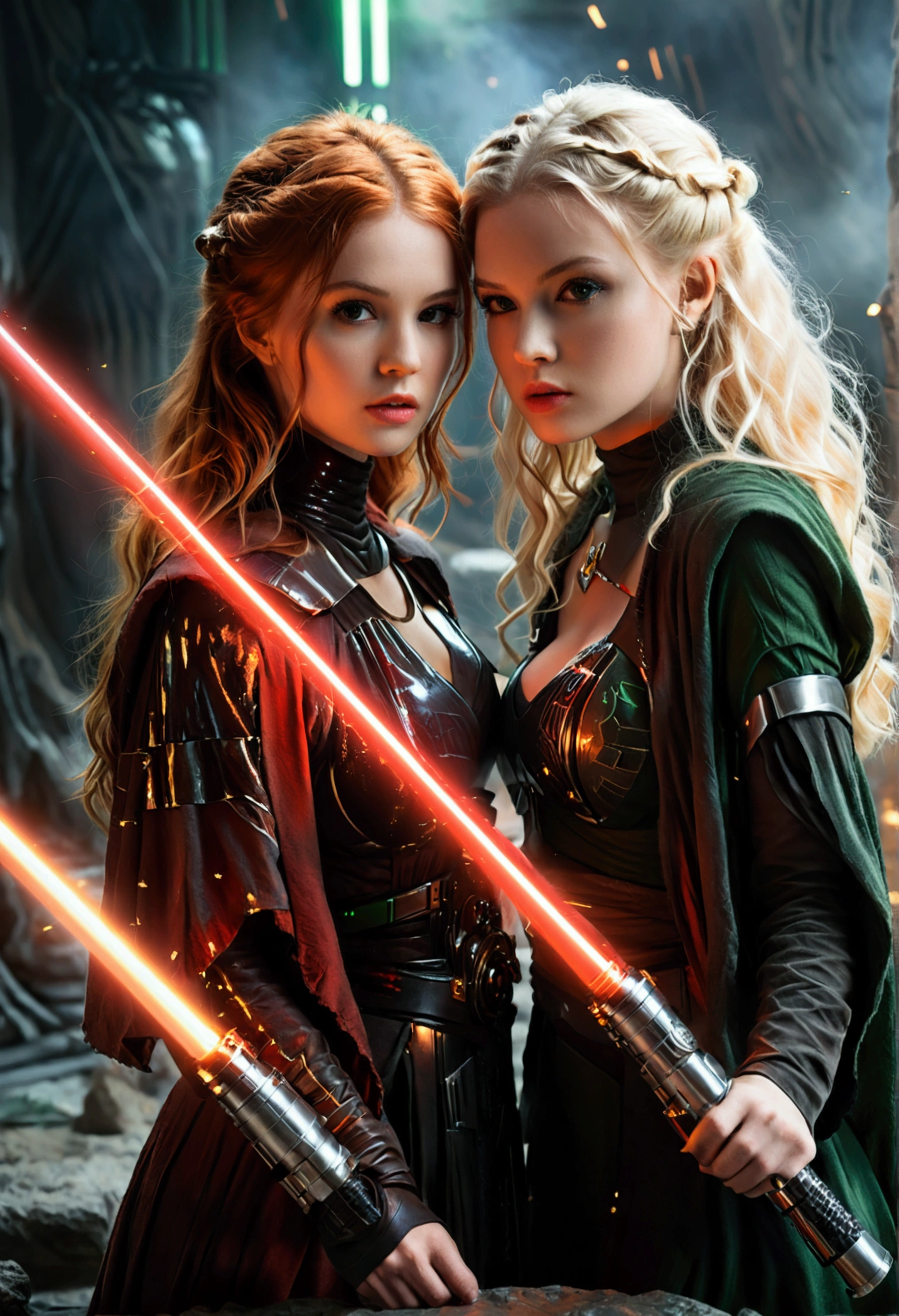 (full body shot:1) photorealistic image of two (standing pose:1) women, ultrarealistic, photography, one with long red hair, (woman, 24 years old, hourglass figure, perfect body, seductive look, natural medium breasts, blur background, in complete darkness, she is wearing a sith robe, she is holding a red lightsaber), the lightsaber is the only lightsource, on a dark destroyed spacestation, explosion in the background, long sexy legs, the other girl has platinum blonde long hair, (30 years old, curvy figure, she is wearing a jedi robe, green lightsaber, natural big breasts), the two girls are crossing their lightsabers in a battle, sparks are flying, dynamic shot, action shot