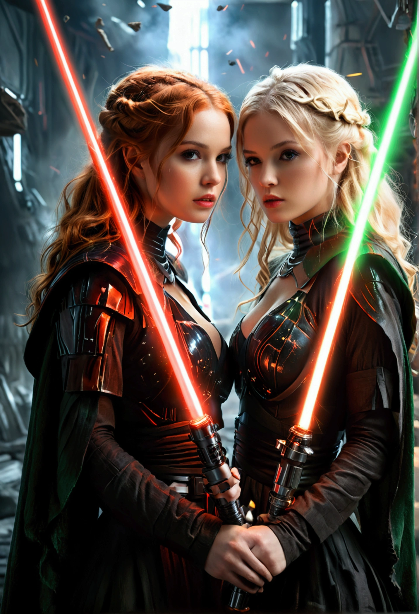 (full body shot:1) photorealistic image of two (standing pose:1) women, ultrarealistic, photography, one with long red hair, (woman, 24 years old, hourglass figure, perfect body, seductive look, natural medium breasts, blur background, in complete darkness, she is wearing a sith robe, she is holding a red lightsaber), the lightsaber is the only lightsource, on a dark destroyed spacestation, explosion in the background, long sexy legs, the other girl has platinum blonde long hair, (30 years old, curvy figure, she is wearing a jedi robe, green lightsaber, natural big breasts), the two girls are crossing their lightsabers in a battle, sparks are flying, dynamic shot, action shot