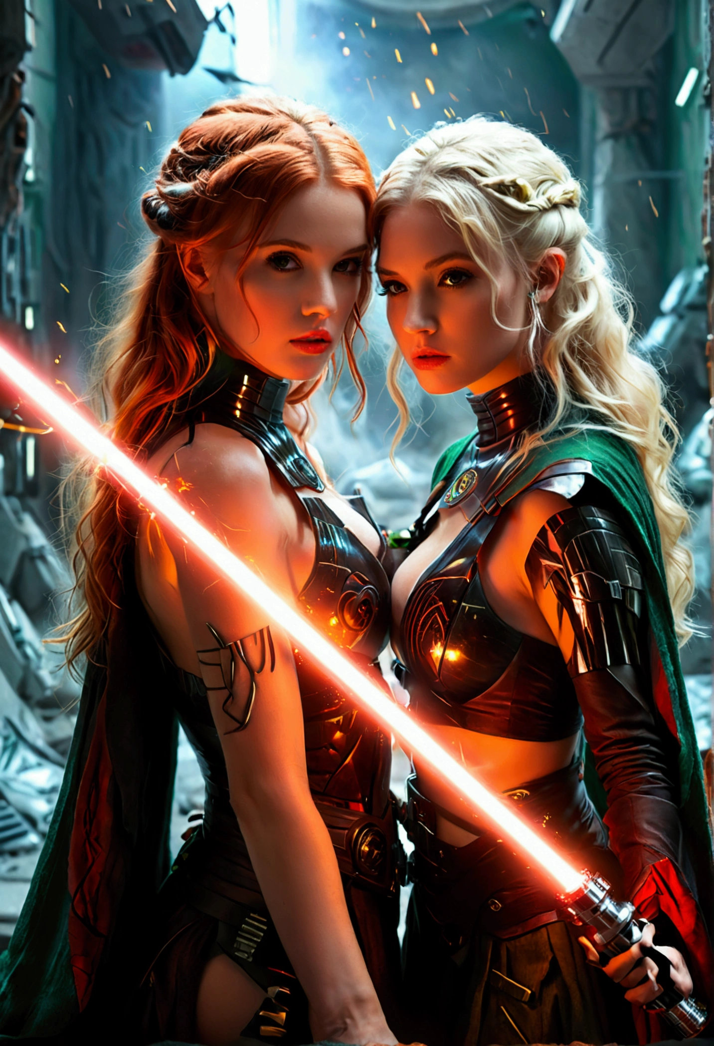 (full body shot:1) photorealistic image of two (standing pose:1) women, ultrarealistic, photography, one with long red hair, (woman, 24 years old, hourglass figure, perfect body, seductive look, natural medium breasts, blur background, in complete darkness, she is wearing a sith robe, she is holding a red lightsaber), the lightsaber is the only lightsource, on a dark destroyed spacestation, explosion in the background, long sexy legs, the other girl has platinum blonde long hair, (30 years old, curvy figure, she is wearing a jedi robe, green lightsaber, natural big breasts), the two girls are crossing their lightsabers in a battle, sparks are flying, dynamic shot, action shot