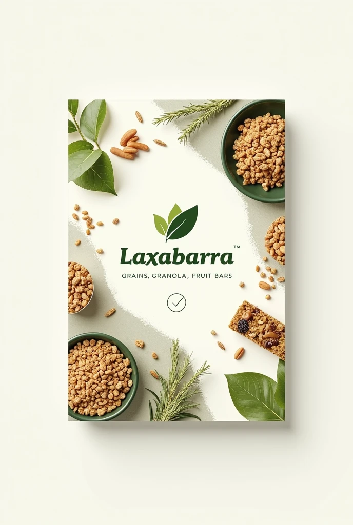 I want a one-page pamphlet containing the title of Laxabarra. I want a natural style decoration in just green and white., no more color, that only carries grains, granola and fruit bars, no drink, Do not carry text, that is large and does not come out of the sheet