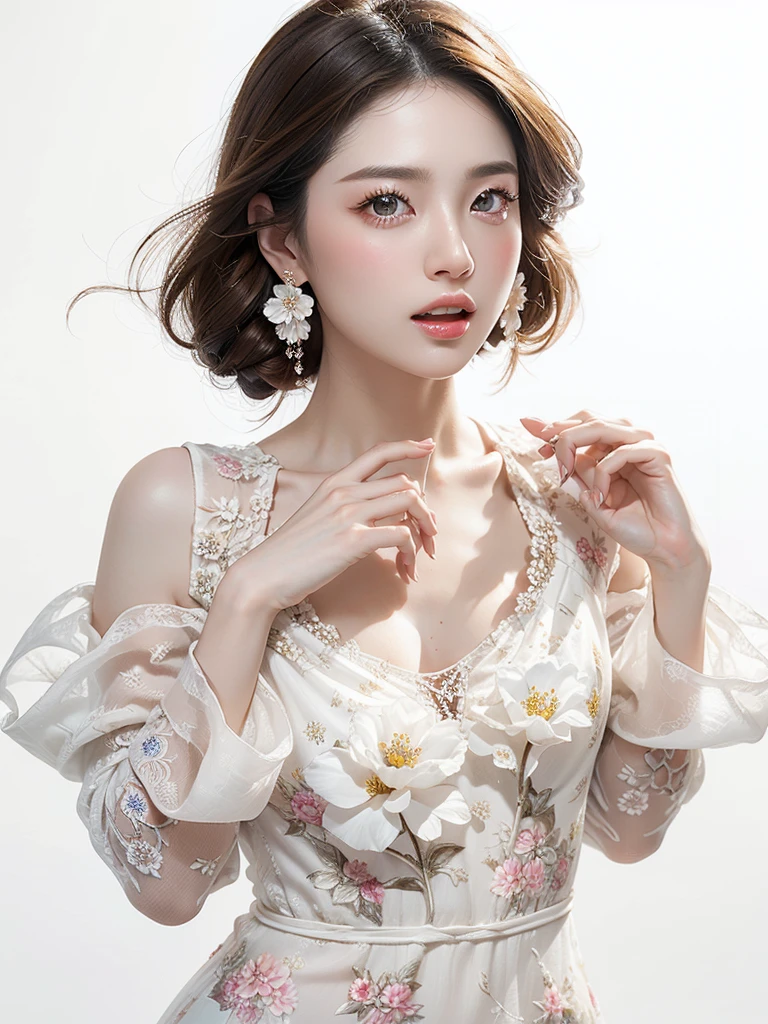 White Background、Professional Lighting、(((Professional Lighting 1.5)))、Translucent skin texture、Beautiful Skin、Beautiful Skin、、(((Whitening 1.5)))、、、音符のEcstasy、((Floral Dress 1.5))、Open your chest wide 1.4、Very good、Mid-shot photo、Simple Earrings、((Brown Hair))、Tie your hair、Sex Appeal、Sex Appeal、Ecstasy、(((Mid-shot photo1.5))、(((1.85)))