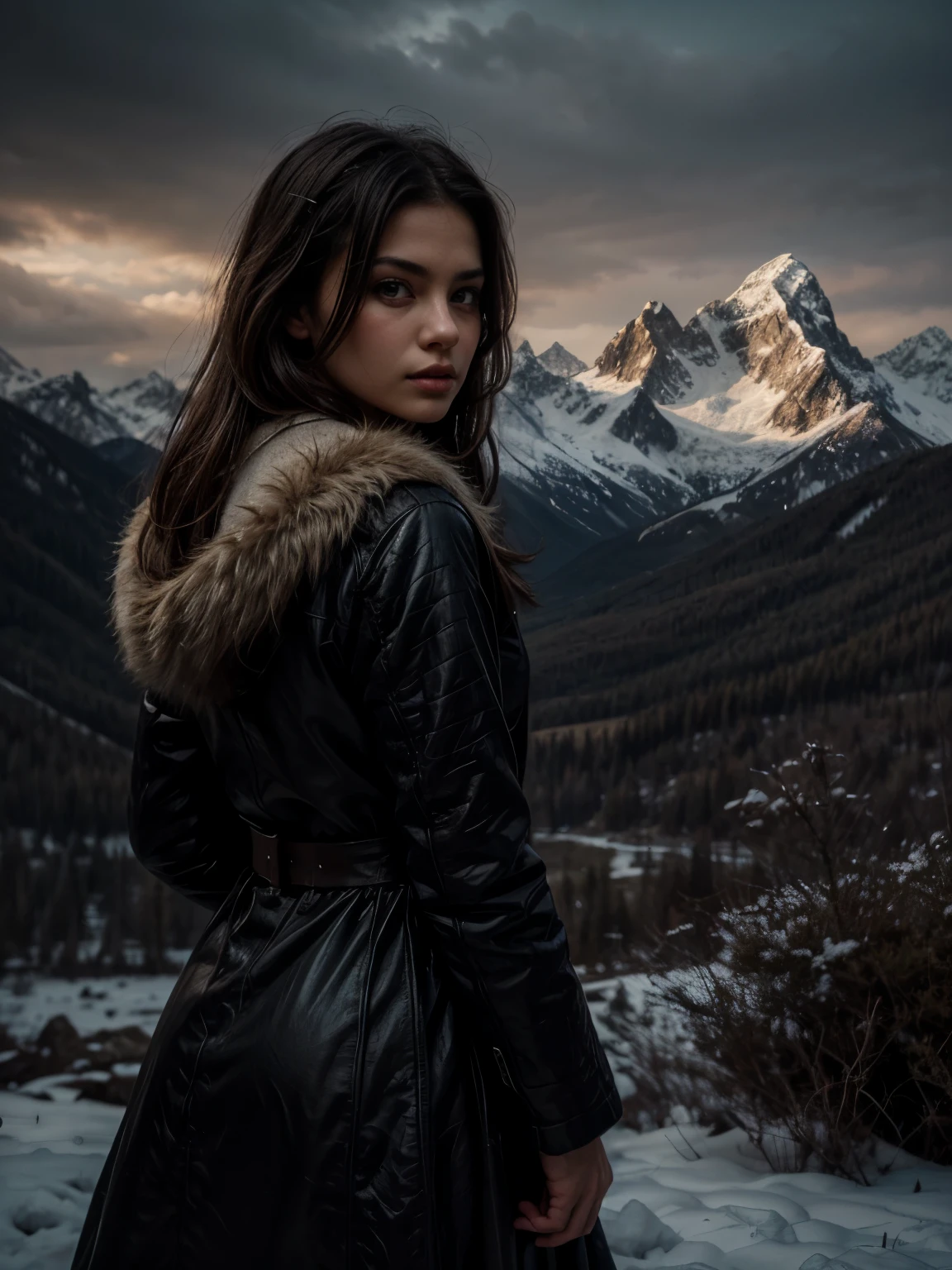 ((master piece)),best quality, illustration, dark, 1girl, In the wilderness,High mountain,Snow-capped mountains in the distance, castle, beautiful detailed eyes, beautiful detailed hair,