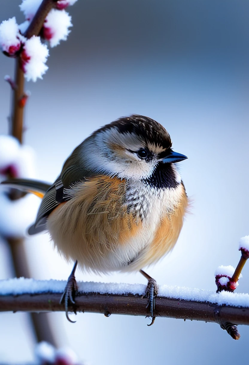 a small bird siberian tit perched on a snowy branch, cute fluffy round body, focused on the bird against a blurred winter landscape, professional camera, professional lighting, high quality, 8k, detailed, realistic, vibrant colors, cold winter atmosphere