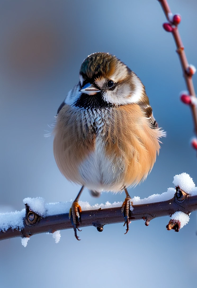 a small bird siberian tit perched on a snowy branch, cute fluffy round body, focused on the bird against a blurred winter landscape, professional camera, professional lighting, high quality, 8k, detailed, realistic, vibrant colors, cold winter atmosphere