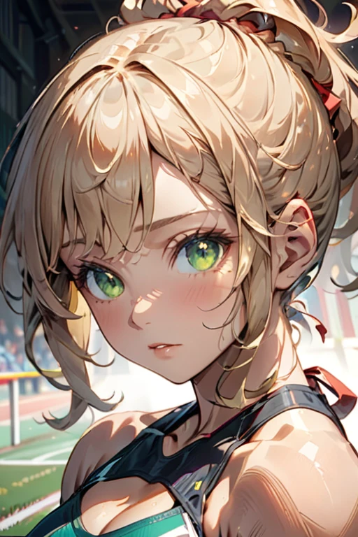 college woman; Athletic and toned physique; naturally attractive with delicate features; long, wavy blonde hair often tied back; striking green eyes; fair skin with a light tan; best quality; soft blur background; trending on artstation; complex volumetric lighting; strong shadows; artistic lighting; dynamic; energetic vibe; realistic skin; specular highlights; micro-textures; highly detailed hair; track and field