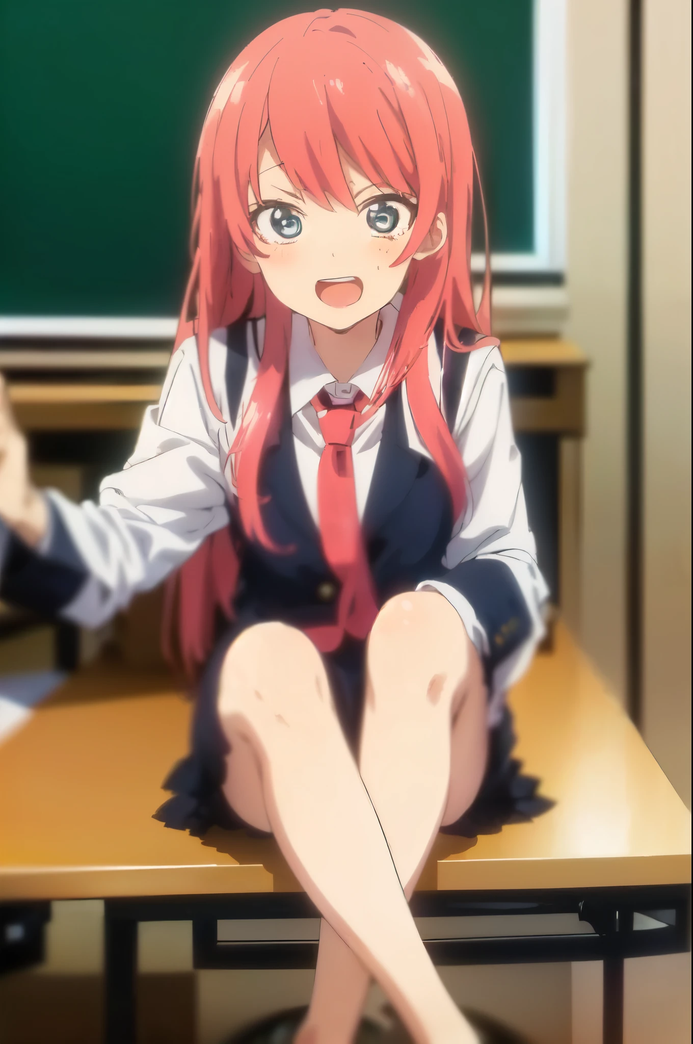 ((((masterpiece、Highest quality、High resolution)、anime)))、Pink Hair、Beautiful girl with small breasts、(Dynamic pose)、looking at the camera、(Beautiful detailed face、Beautiful big eyes)、((One beautiful girl))、Good sensitivity、((Sexy pose))、((Embarrassed face))、Red cheeks、Open Mouth、Wearing school uniform、sit at a desk in a school classroom