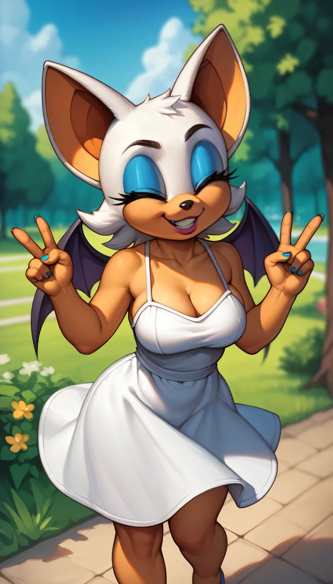 (masterpiece, Best Quality:1.2), Furry, Rouge The Bat, (((breasts:1.7))), (((shortstack:0.9))), natural park, nature background, (((cute smile:1.0))), pov, romantical date, hd image, professional photography, waving at the camera, eyes closed, peace sign, sundress, cute