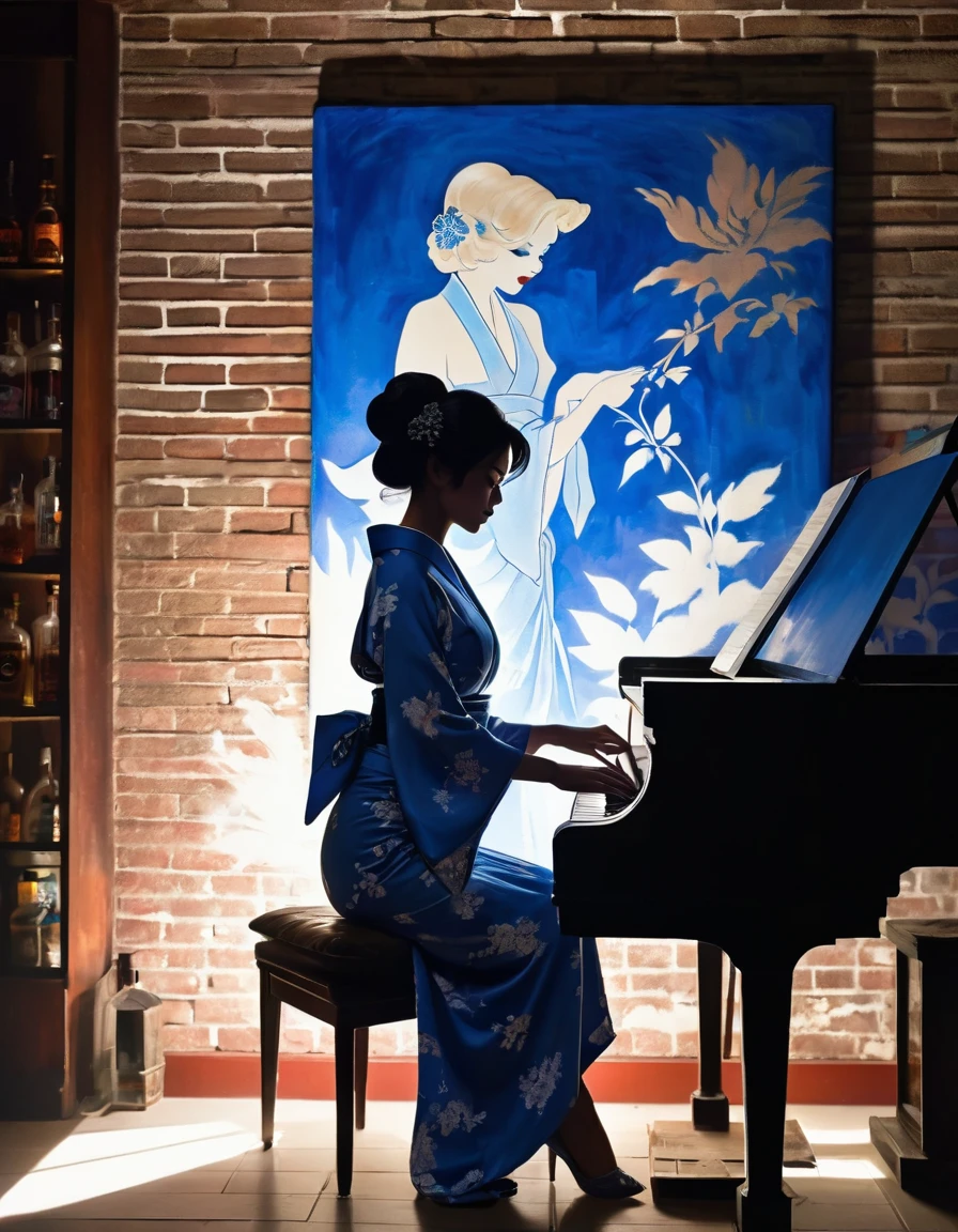 America　Silhouette of a woman in a kimono playing piano in a vintage jazz bar in New Orleans　Some paintings on a brick wall　A blue gas light is attached to the wall.　vintage　A smoky, dimly lit jazz bar　Shadow play　Whiskey bottle