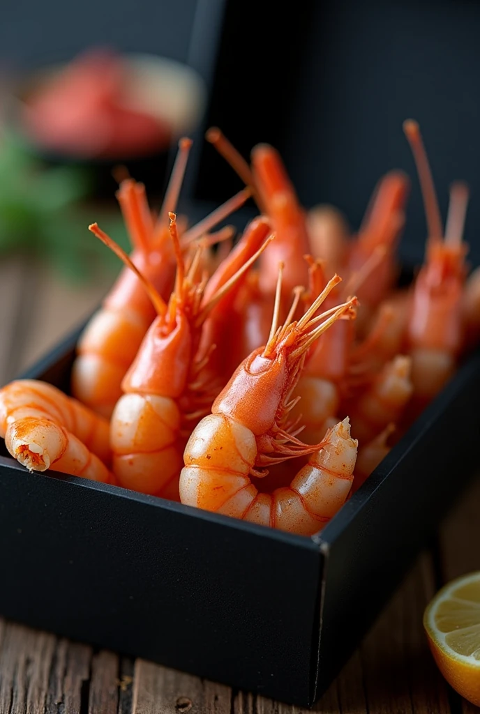 Myke tyson eat Shrimp from a Black box whith the name "Camaron Box" in a side