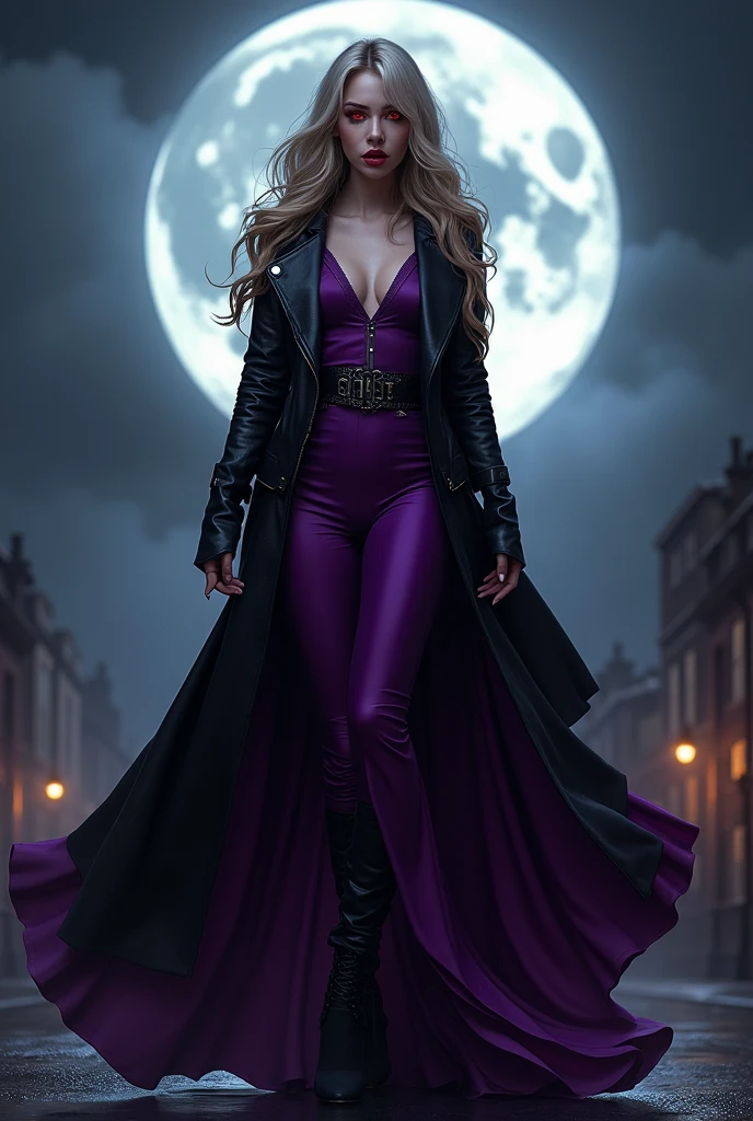 dark fantasy art, comic art, gothic art, (masterpiece:1.5), full body best details, highly detailed, best quality, highres, full body portrait of a female vampire (Masterpiece, best quality: 1.6), ultra feminine, with a long curvy hair, blond hair, (red:1.3) eyes, glowing eyes ((beautiful delicate face)), Ultra Detailed Face (wearing elegant glamour open black leather jacket: 1.5) , (flowing black leather jacket: 1.5), wearing an intricate (purple suit: 1.2) (intricate details, Masterpiece, best quality: 1.3), high heeled boots, urban background (intense details, beat details), fantasy, at night light, natural ,moon light, clouds, gothic atmosphere, soft light, ((anatomically correct: 1.3)), high details, best quality, 16k, [ultra detailed], masterpiece, best quality, (extremely detailed), dynamic angle, drkfntasy, evening dress, Intense gaze
