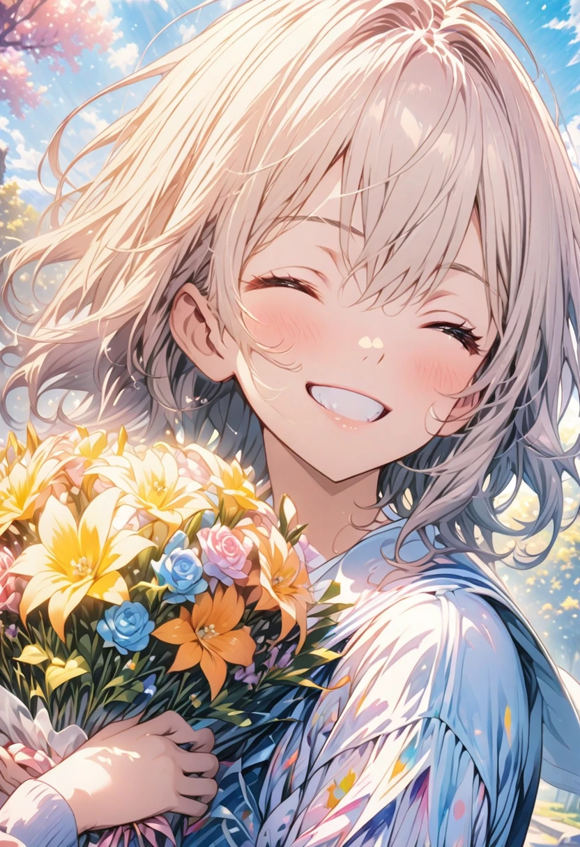 masterpiece, Highest quality, Highly detailed CG Unity 8K wallpapers, High School Girl Anime Illustration. wear 、Holding a colorful bouquet。 she has her eyes closed and mouth open, smile. The background is a light pastel colored landscape