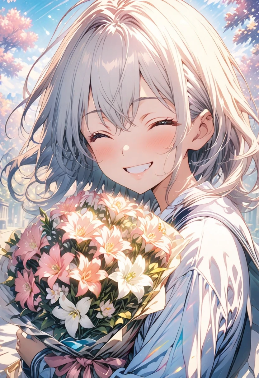 masterpiece, Highest quality, Highly detailed CG Unity 8K wallpapers, High School Girl Anime Illustration. wear 、Holding a colorful bouquet。 she has her eyes closed and mouth open, smile. The background is a light pastel colored landscape