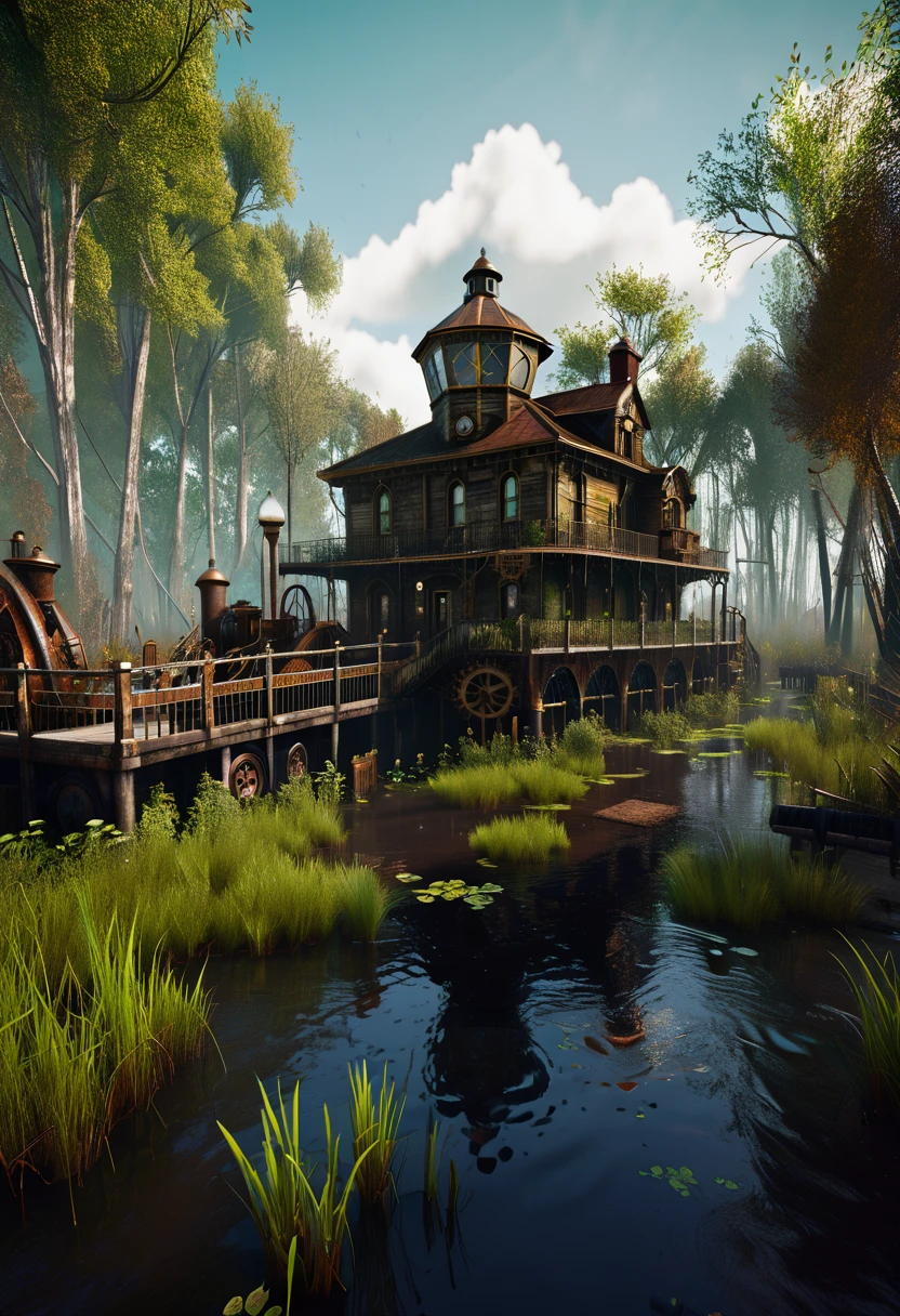 pax, 8k, hyper detailed, Steampunk, swamp walk