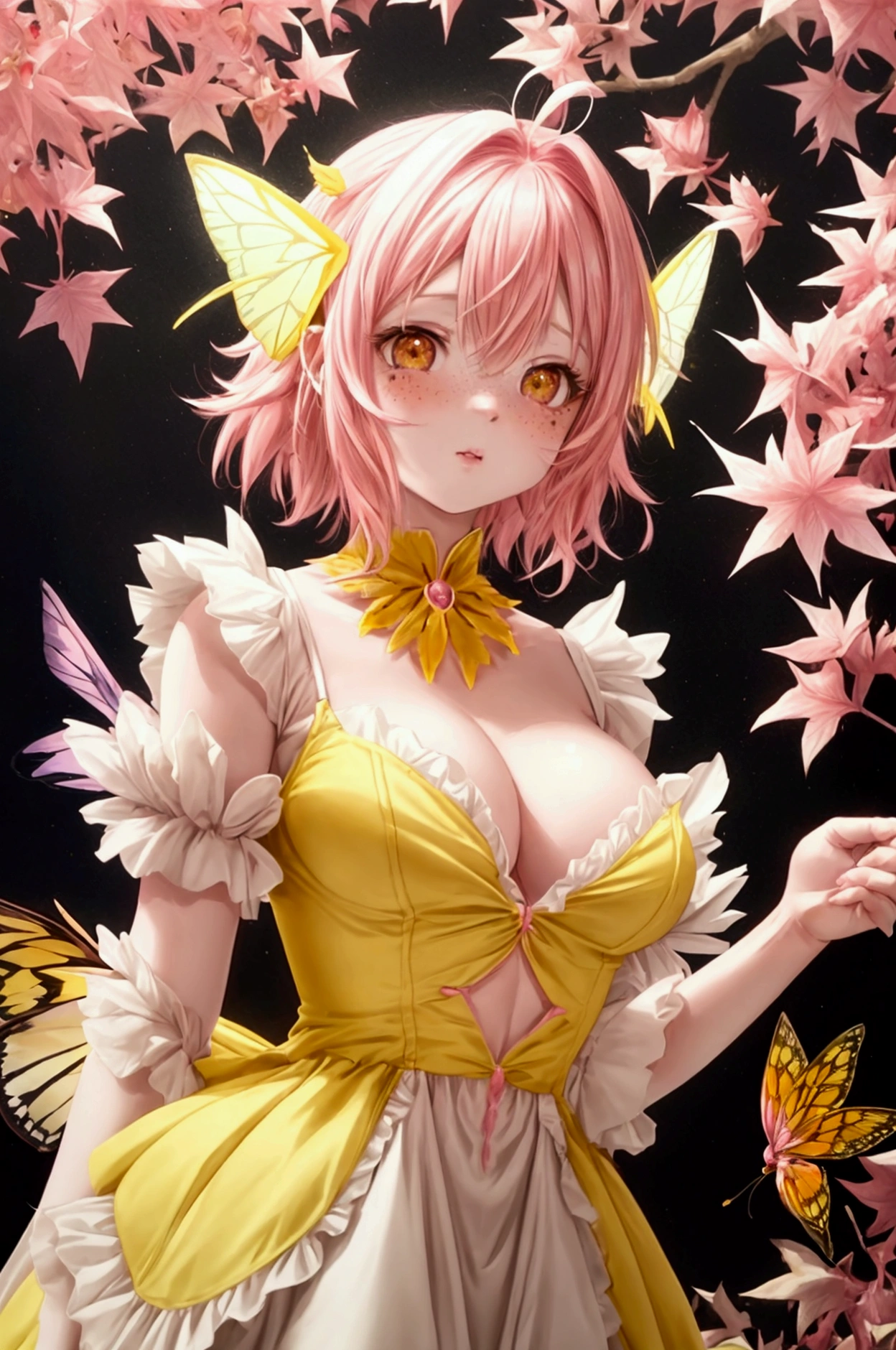 Anime rosy maple moth hybrid girl with short fluffy pink hair, yellow ends, black eyes, smooth skin, glossy lips, light freckles, medium breasts, wearing a cute gray dress, white fluff around her neck, pink and yellow moth antennae, pink and yellow moth wings