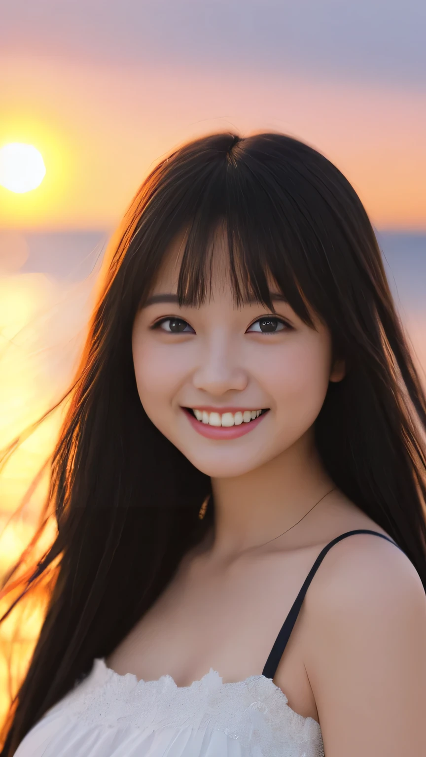 8K, (Surrealistic: 1.35), (realistic: 1.4), 1 beautiful korean girl, smile, One, light makeup, masterpiece, excellent quality, high quality, (((brown hair)))、puberty, (((super micro bikini)))、 ((perfect body)), ((best image quality)), ((time)), ((very delicate and beautiful)), ((Very shallow depth of field)), nffsw, ((incredibly shallow depth of field. familiar with)), (((very delicate and beautiful))), (((Very shallow depth of field))), nffsw, (((incredibly absurd))), (((perfect body))), (((black hair ))))), (((long hair)))), (((Camera Eye))), (((small))), (((幸せな最高のsmile))), poor, Own + background, dynamic angle, female focus, {particles of light}, detailed background, ((paul hedley)), soft lighting, (dramatic) sunset), sunset, very beautiful sunset, live action, realistic, top angle, かわいいsmile, (background blur), 18-year-old, skinny, ((Wind)), ((movement ))), ((emotion)), ((colorful)), ((baby face)), ((beautiful teeth)), Withering, ocean background、vivre libre tattoo on shoulder