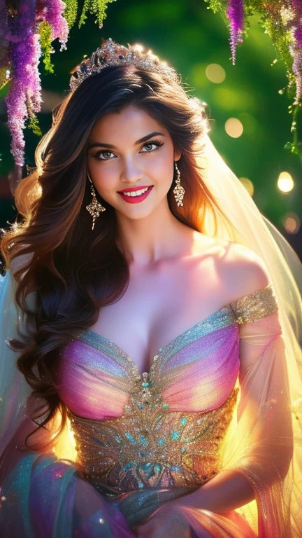 (a beautiful woman in a stunning gown of flowing silk with a radiant smile and captivating eyes),vibrant colors,highres,ultra-detailed,sharp focus,soft lighting,realistic,fantasy-inspired,portraits,subtle color palette,ethereal glow,fairytale,graceful,pastel shades,enchanted garden,lovely flowers,twinkling lights,whimsical ambiance