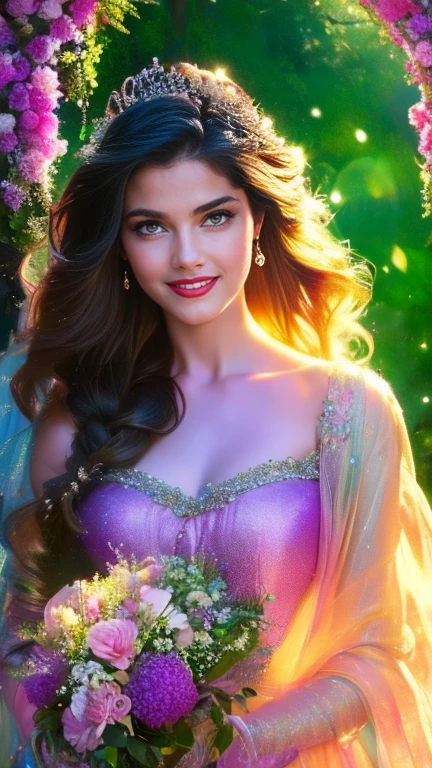 (a beautiful woman in a stunning gown of flowing silk with a radiant smile and captivating eyes),vibrant colors,highres,ultra-detailed,sharp focus,soft lighting,realistic,fantasy-inspired,portraits,subtle color palette,ethereal glow,fairytale,graceful,pastel shades,enchanted garden,lovely flowers,twinkling lights,whimsical ambiance