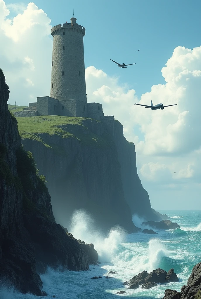 A cliff with waves crashing, with a tower on top and two planes flying overhead