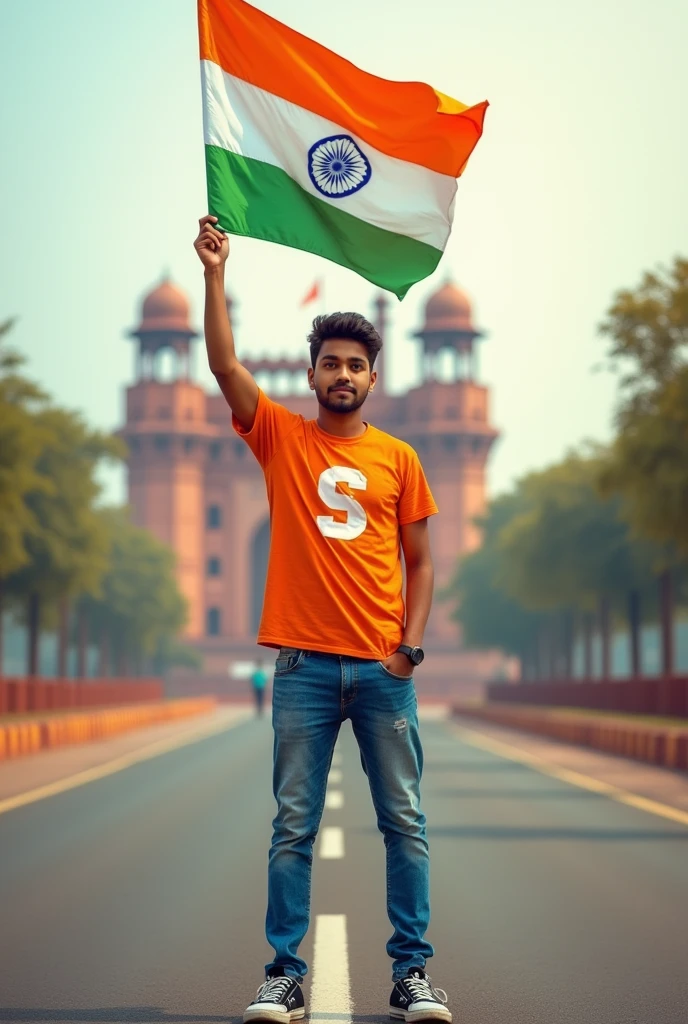 A real 25 years old boy, Wearing Orange T shirt blue jeans sneakers and the name “S” is written on his t-shirt and the boy is standing on the road with holding a national flag of India, and behind him is the Red Fort Delhi. And written on sky “Independence Day” Create Realistic image high quality