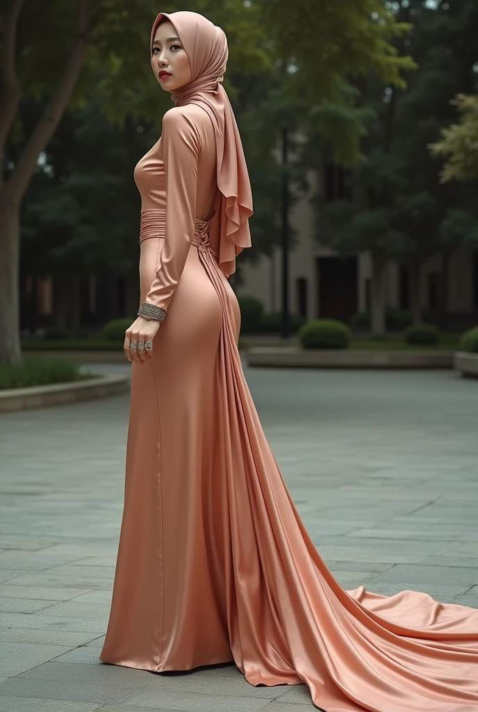 Asian woman in satin long gown,wear jewellery, wear modern hijab, mermaid-style, fabric clings tightly, immobile, full-body encapsulation, entirety of fabric about 7 meters in length trailing dramatically, overlong satin train, extreme detail on the texture of the satin, highlighting its reflective quality, cinched at the ankle, sexy random pose outdoor, dramatic lighting, ultra realistic, high-resolution photography.