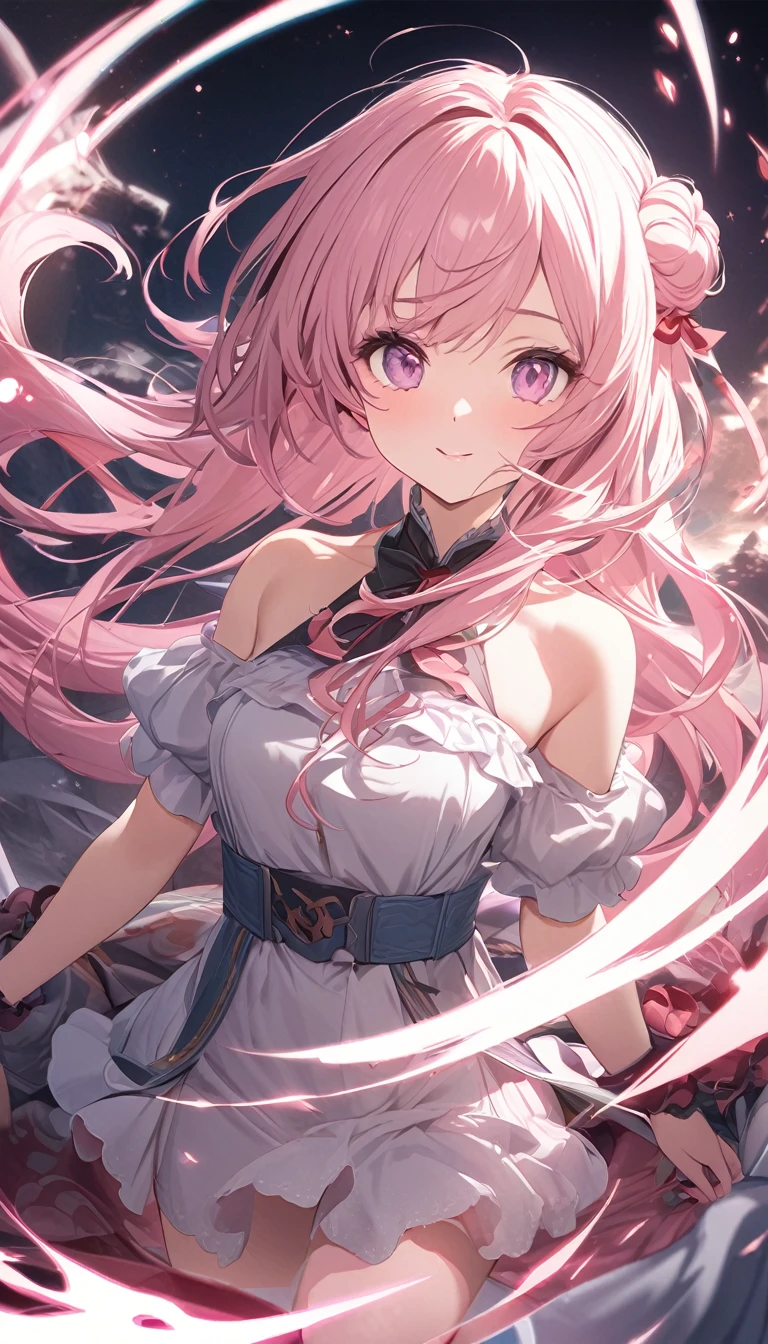 Cute beautiful woman、(Hair Ribbon:0.4), Pink Eyes,(((White bun hair))),(((Pink long hair)))、smile、Shy、Light makeup、Great proportions、Gentle background color scheme、Fluffy calming effect、Shading Effects、Gradient Magic Effect、(Super detailed、Absolute Resolution、Highest quality:1.3)、2.5D、delicate and dynamic、Artistic photography、Hyperrealistic、Graphic CG Digital Art