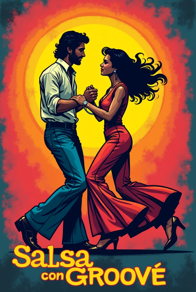 Create a logo for a salsa company named "Salsa con Groove" with a seventies style and showing a couple dancing.