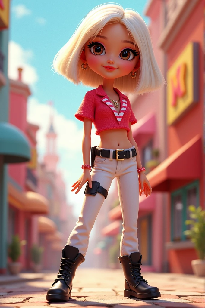 Barbie cartoon style, with brown eyes,short white hair ,dressed in an inverted triangle-shaped crop top , Red color with white stripes,white pants,and black boots 