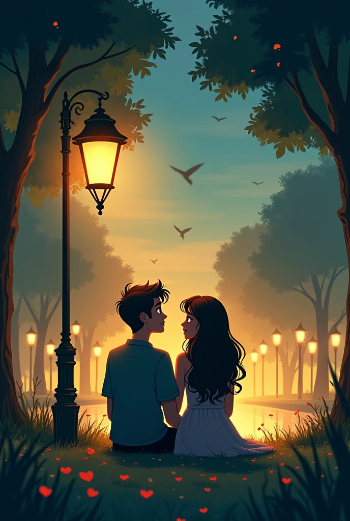 Animated two couple sit under night lamp at park. With word “Forever we’ll grow”