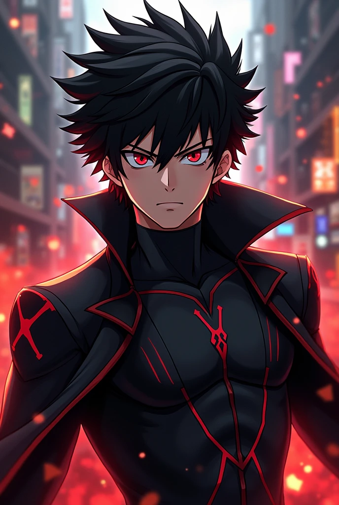 Help me create a My Hero Academia character with black hair and red streaks with ruby red eyes