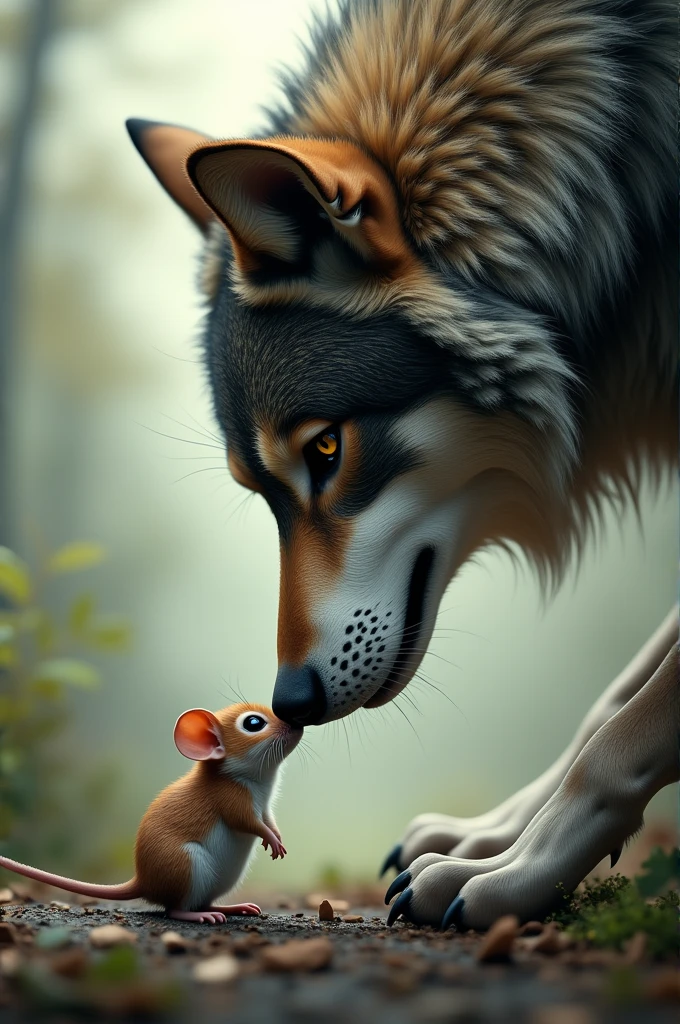 A wolf and a mouse joining their foreheads