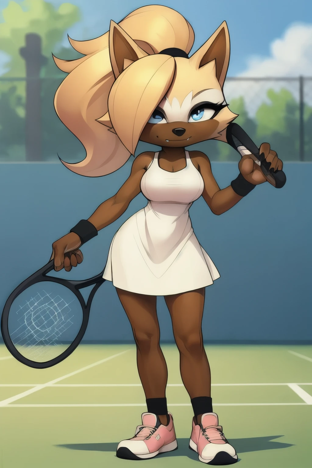 intricate details,(detailed background:1.3),by darkgem,serious,shadow,furry female,
(solo female:1.1),by sundown \(artist\),full length portrait,whisperthewolf,dark brown fur,blonde hair,ponytail,hair over one eye,white fur near the eyes,tall female,best quality,outside,tennis court,detailed,cartoon,1girl,solo,dress,bare shoulders,blue eyes,shoes,sleeveless,eyelashes,sneakers,pink dress,sportswear,tennis uniform,holding tennis racket,perfect anatomy,playing tennis,dynamic pose,hand on hip, with huge breasts