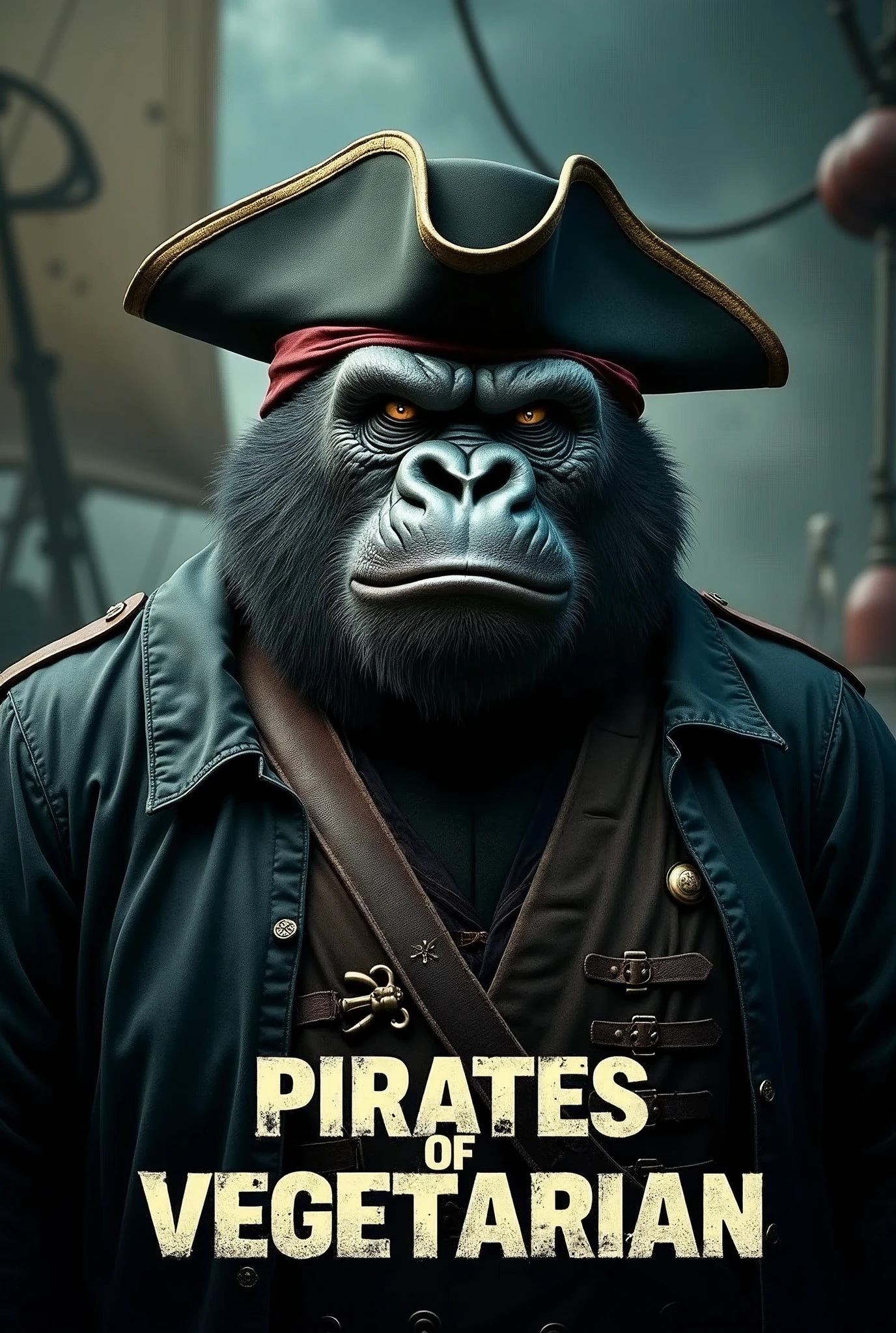 Create a cinematic poster featuring photorealistic portrait of Dressed animals - a ((fat)) gorilla pirate, , wearing  pirate costume and  pirate hat , with a serious, intense expression, He should be slightly off-center in the composition, The background should be dark and gritty, pirate's ship with smoky or grunge textures, Use a color scheme of black, deep blues, and dark greens, with subtle silver or gold accents to capture the show's mood, At the bottom of the poster, place the text "PIRATES OF VEGETARIAN" in large, bold, distressed letters, in a sans-serif font. The text should have a cinematic style, with slight shadow or glow effects to make it stand out against the background.